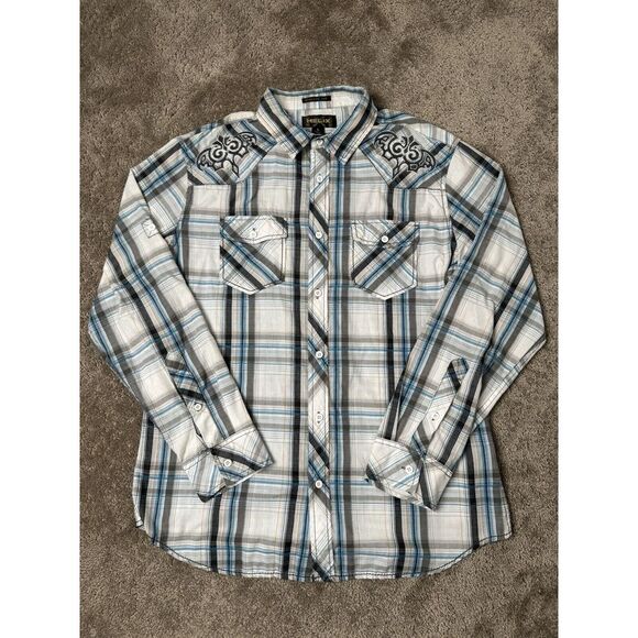 HELIX BUTTON UP SHIRT MENS Size Large PLAID EMBROIDERED TRIBAL ROLL - Picture 6 of 7